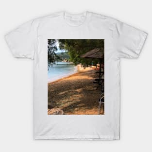 Scenic view on Mediterranean sea from beach cafe under fir trees and tiki bar T-Shirt